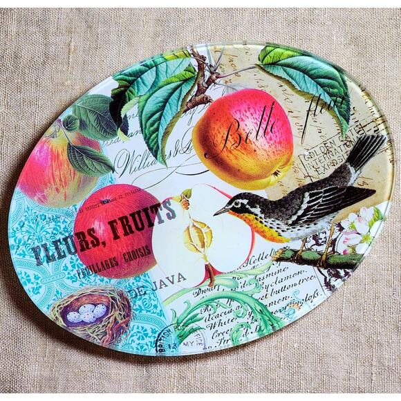 Elegant Glass Trinket Dish: Fleurs, Fruits & Bird Decoupage-Michel Design Works - Picture 2 of 7